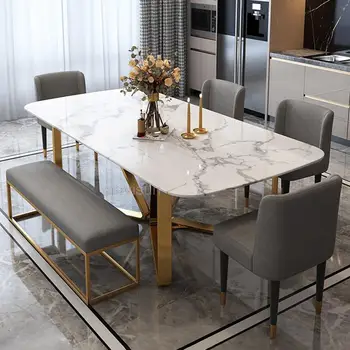 кухня Роскошный Мраморный обеденный стол Золотой Дизайн основания из нержавеющей стали Высококачественная прямоугольная мебель для комнаты GY50CZ