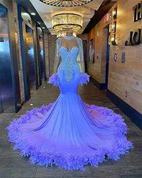 фиолетовые платья для выпускного вечера 2023, расшитые бисером из перьев, блестки, хрустальные вечерние платья со шлейфом в стиле русалки